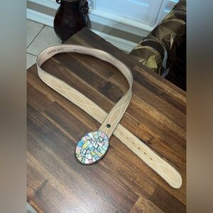 Sand Boho Leather Belt with Broken Mosaic Buckle size 36